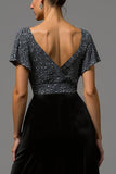 Sparkly Black and Grey Velvet A Line V Neck Long Formal Dress with Sleeves