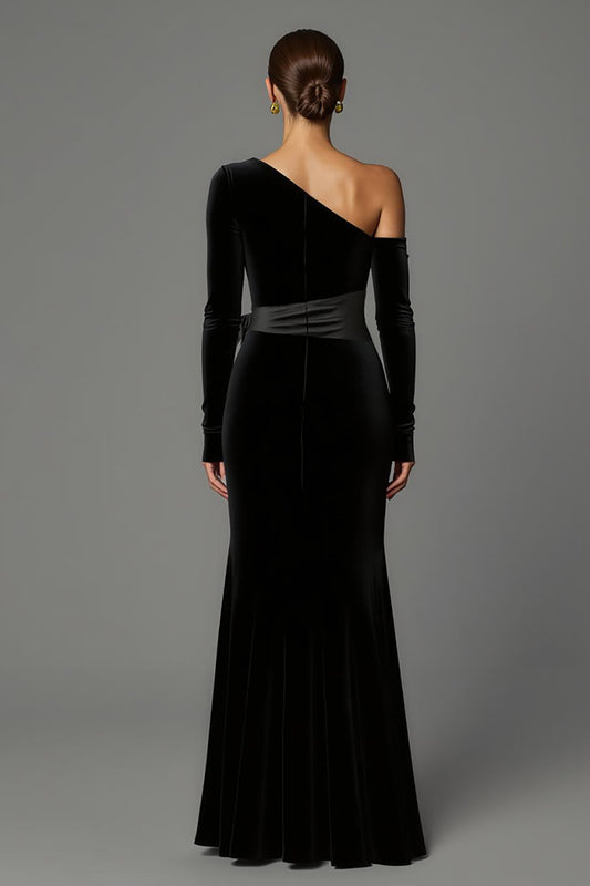 Black One Shoulder Long Sleeves Velvet Holiday Party Dress with Bow