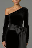 Black One Shoulder Long Sleeves Velvet Holiday Party Dress with Bow