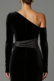 Black One Shoulder Long Sleeves Velvet Holiday Party Dress with Bow