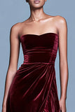 Burgundy Velvet Strapless Long Holiday Party Dress with Slit