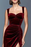 Burgundy Velvet Ruched Long Holiday Party Dress with Slit