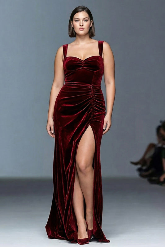 Plus Size Burgundy Velvet Sheath Ruched Long Holiday Party Dress with Slit