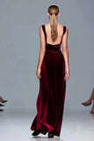 Burgundy Square Neck Velvet Long Holiday Party Dress with Slit