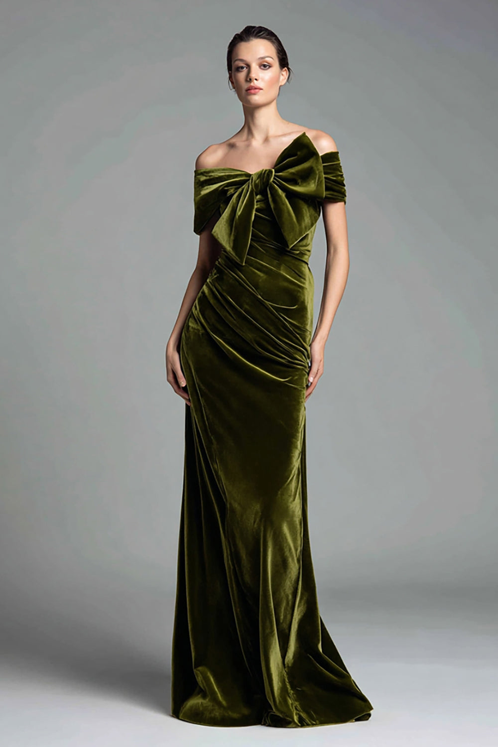 Zapakasa Women Olive Velvet Long Holiday Party Dress with Bow Ruched Sheath Off the Shoulder Formal Dress
