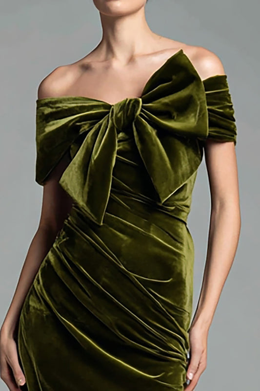 Olive Velvet Ruched Sheath Long Holiday Party Dress with Bow