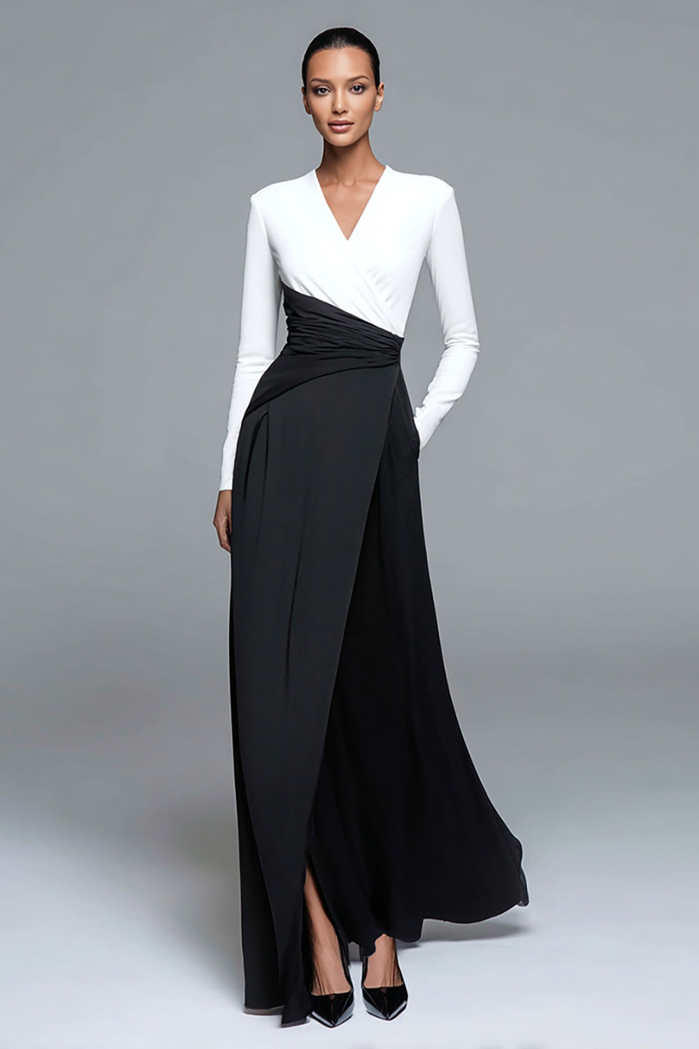 ZAPAKA Women Black and White Patchwork Satin Formal Dress with Pockets A Line V Neck Long Sleeves Evening Dress with Slit, Black&White / AU14