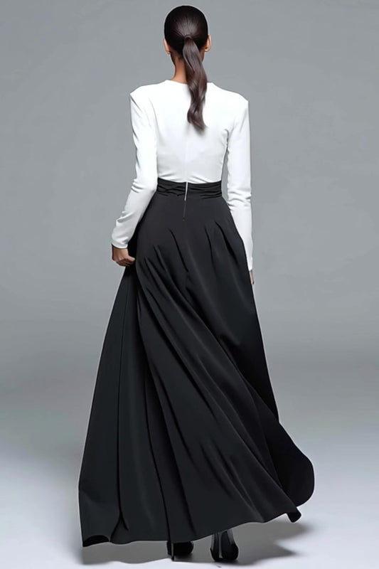 Black and White Patchwork Long Sleeves Formal Dress with Pockets