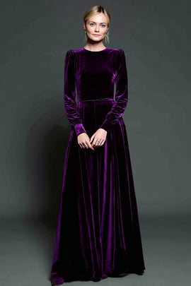 Zapakasa Women Simple Dark Purple Velvet Long Holiday Party Dress with Sleeves Round Neck A Line Formal Dress Zapakasa Women Simple Dark Purple Velvet Long Holiday Party Dress with Sleeves Round Neck A Line Formal Dress