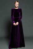 Simple Dark Purple Velvet A Line Long Holiday Party Dress with Sleeves