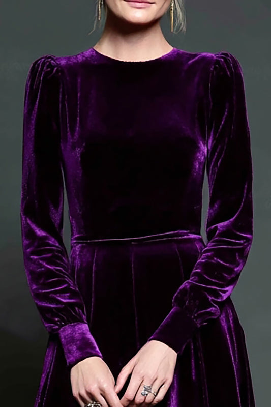 Simple Dark Purple Velvet A Line Long Holiday Party Dress with Sleeves