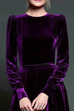 Simple Dark Purple Velvet A Line Long Holiday Party Dress with Sleeves