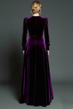 Simple Dark Purple Velvet A Line Long Holiday Party Dress with Sleeves