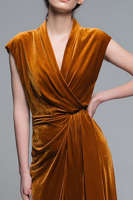 Caramel V-Neck Velvet Ruched Long Holiday Party Dress