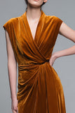 Caramel V-Neck Velvet Ruched Long Holiday Party Dress