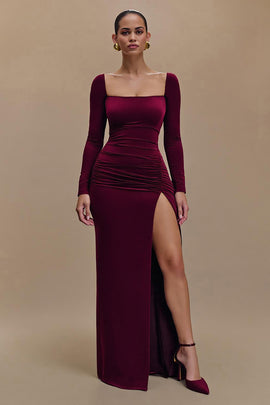 Burgundy Satin Square Neck Long Sleeves Formal Dress with Slit