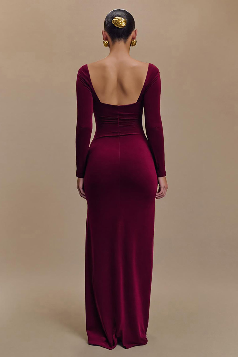 Zapakasa Women Burgundy Satin Long Sleeves Formal Dress Square Neck