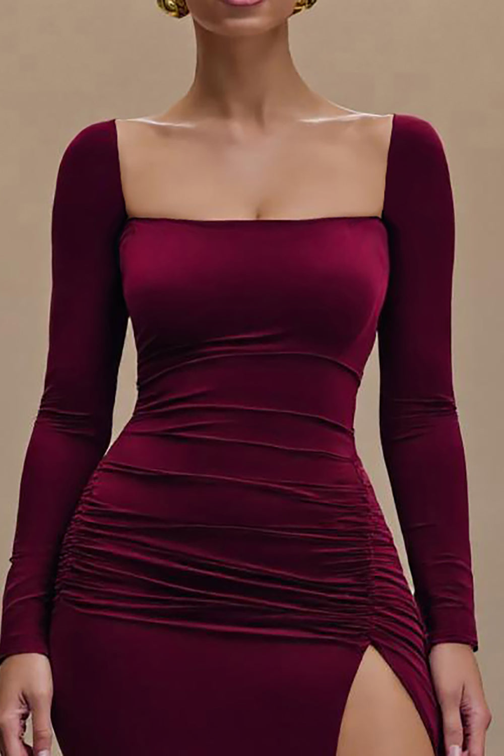 Burgundy Satin Square Neck Long Sleeves Formal Dress with Slit