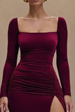 Burgundy Satin Square Neck Long Sleeves Formal Dress with Slit