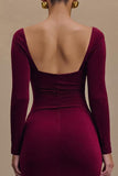 Burgundy Satin Square Neck Long Sleeves Formal Dress with Slit
