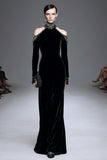 Sparkly Black Velvet High Neck Long Sleeves Holiday Party Dress with Beading