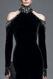 Sparkly Black Velvet High Neck Long Sleeves Holiday Party Dress with Beading