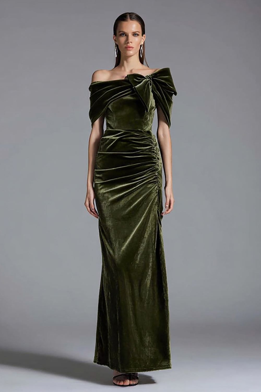 Olive Long Velvet Holiday Party Dress with Bow Sheath Off the Shoulder Ruched Formal Dress