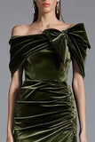 Olive Sheath Off the Shoulder Long Velvet Holiday Party Dress with Bow