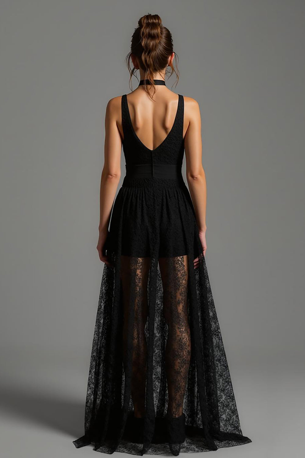 Black Lace V-Neck A Line Long Formal Dress