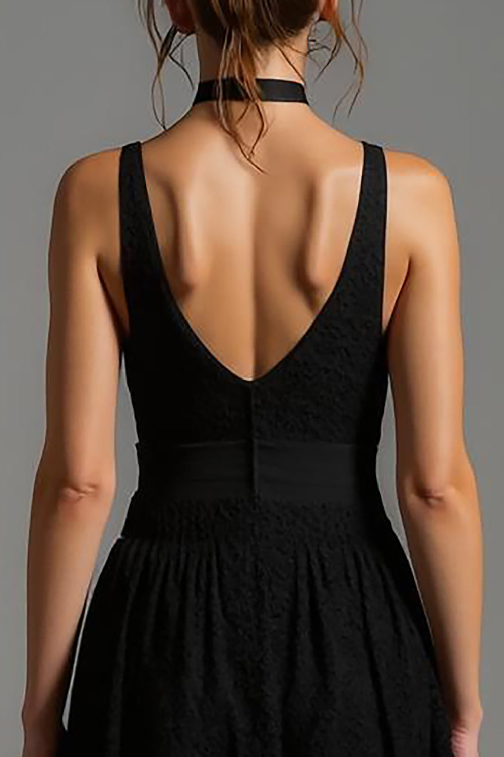 Black Lace V-Neck A Line Long Formal Dress