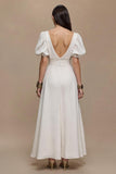 Ivory Satin V-Neck Puff Sleeves Long Formal Dress