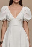 Ivory Satin V-Neck Puff Sleeves Long Formal Dress
