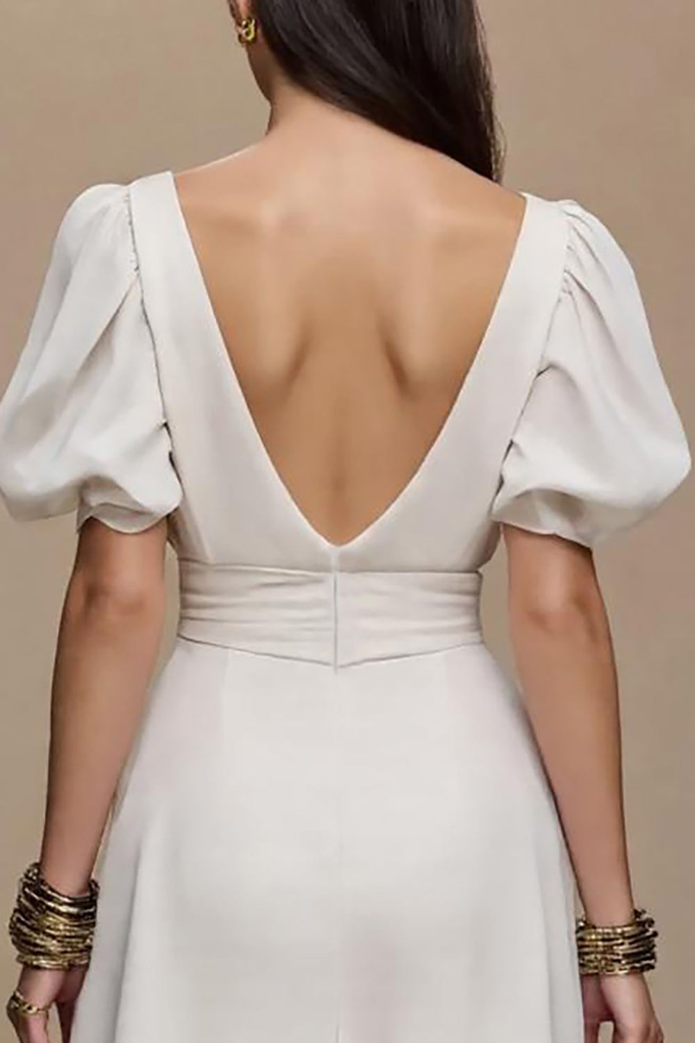 Ivory Satin V-Neck Puff Sleeves Long Formal Dress