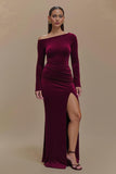 Burgundy One Shoulder Satin Long Sleeves Formal Dress with Slit