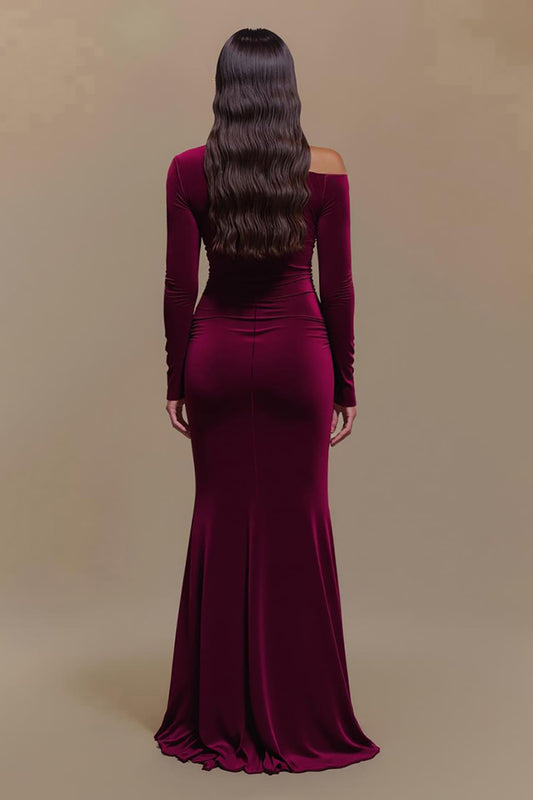 Burgundy One Shoulder Satin Long Sleeves Formal Dress with Slit