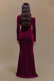 Burgundy One Shoulder Satin Long Sleeves Formal Dress with Slit