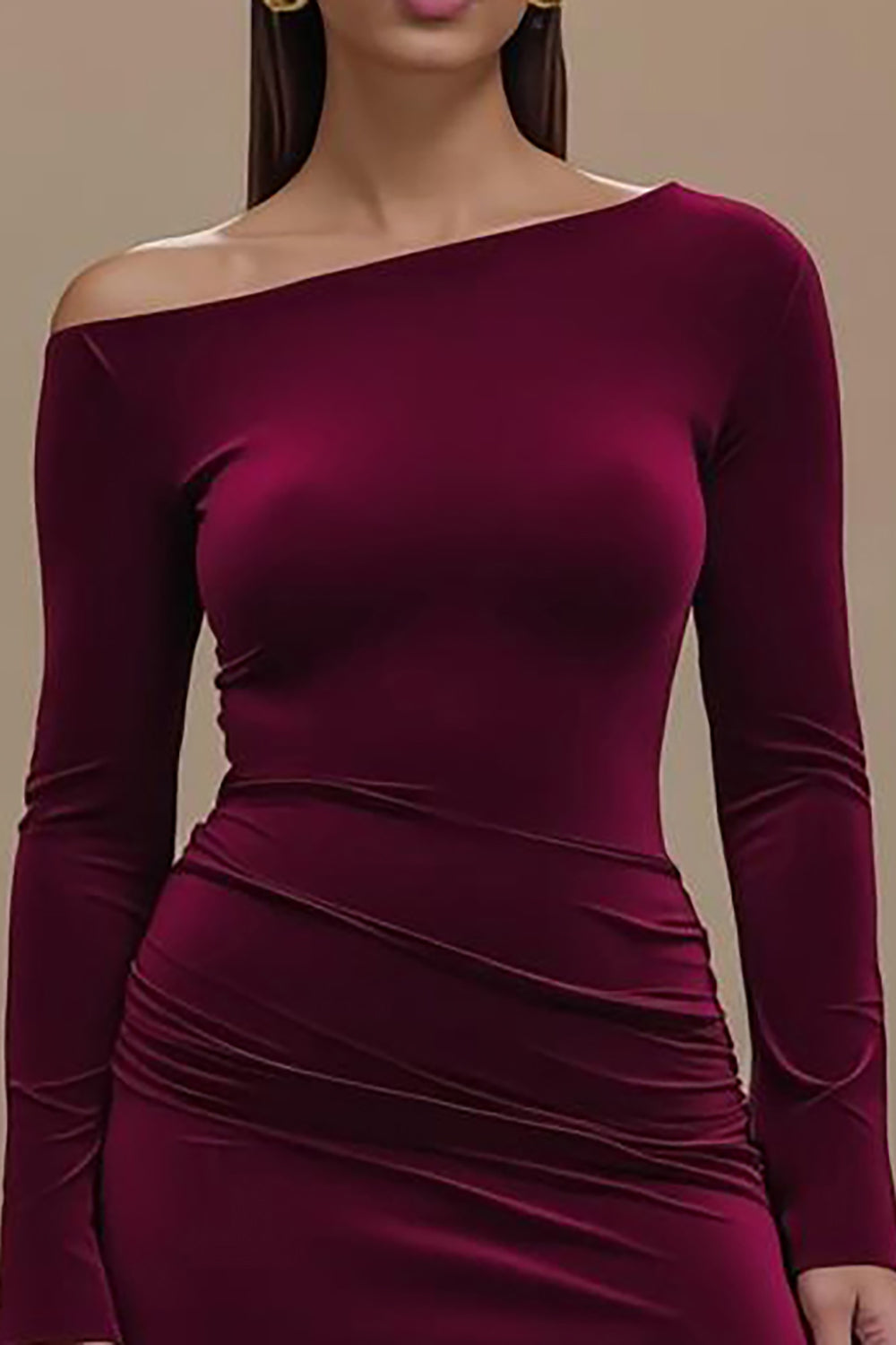 Burgundy One Shoulder Satin Long Sleeves Formal Dress with Slit