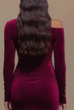 Burgundy One Shoulder Satin Long Sleeves Formal Dress with Slit