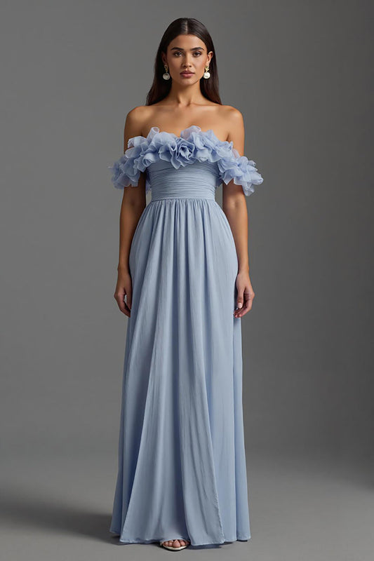 Sky Blue Ruched Off the Shoulder Chiffon Long Formal Dress with Ruffles