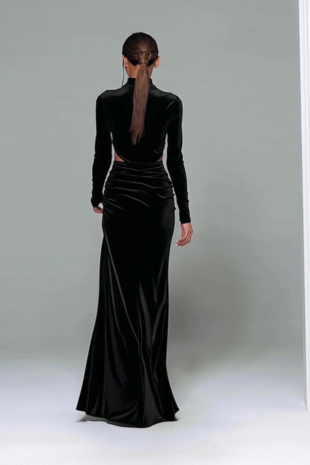 Black Velvet High Neck Sheath Long Sleeves Holiday Party Dress with Slit