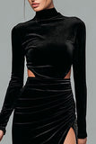 Black Velvet High Neck Sheath Long Sleeves Holiday Party Dress with Slit