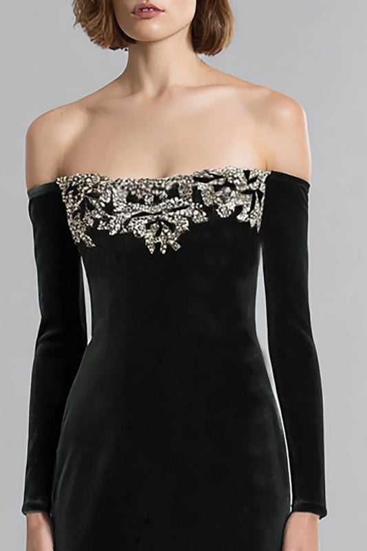 Black Velvet Off the Shoulder Long Holiday Party Dress with Rhinestones