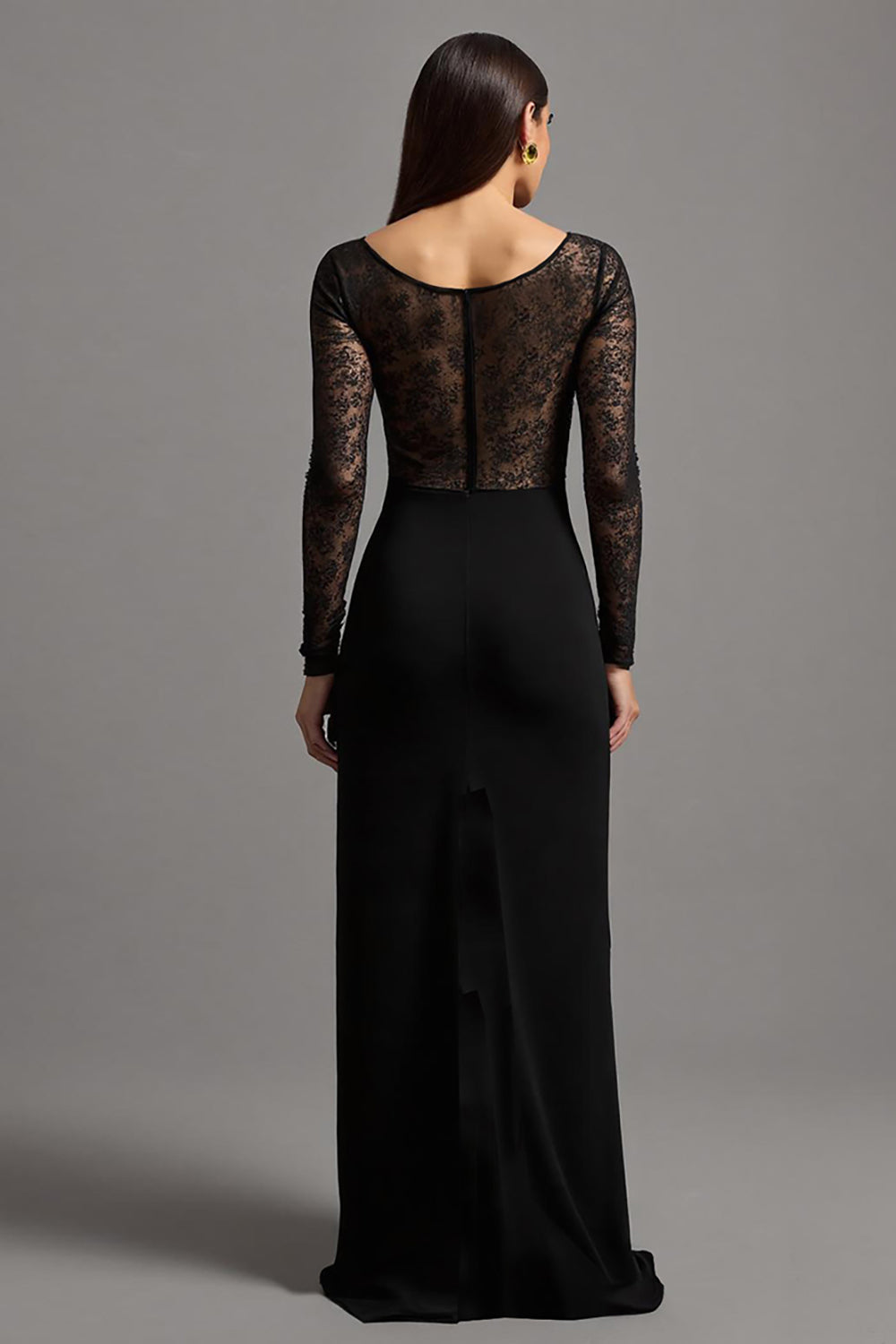 Black Sheath Illusion Neck Long Sleeves Formal Dress with Slit