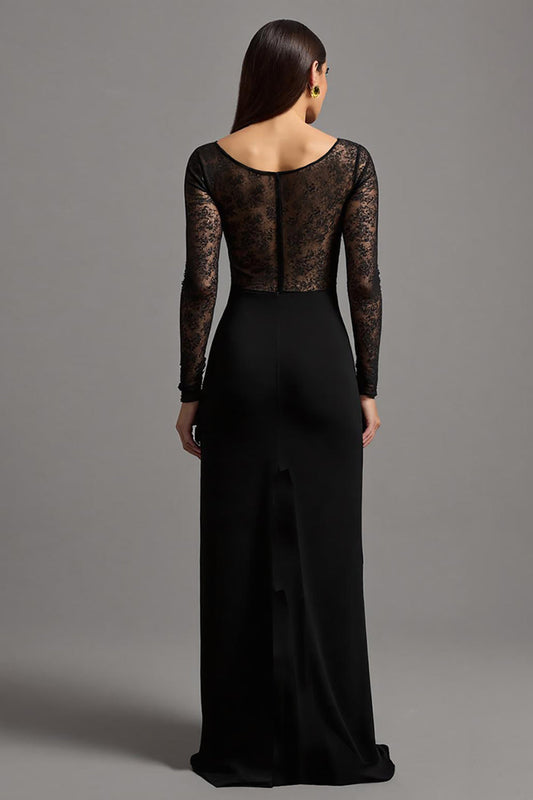 Black Sheath Illusion Neck Long Sleeves Formal Dress with Slit