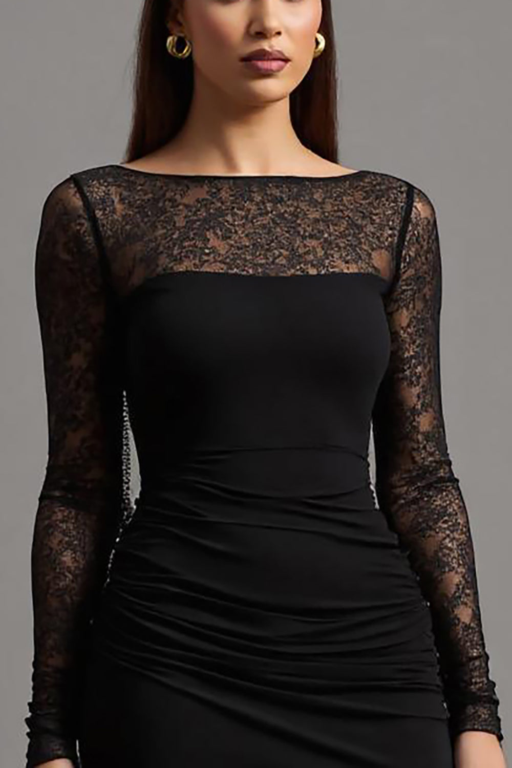 Black Sheath Illusion Neck Long Sleeves Formal Dress with Slit