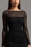 Black Sheath Illusion Neck Long Sleeves Formal Dress with Slit