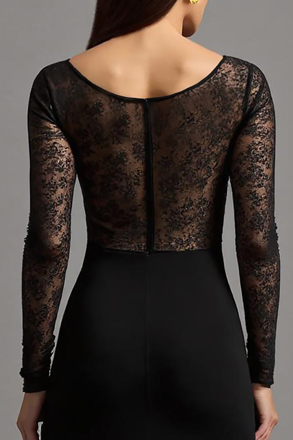 Black Sheath Illusion Neck Long Sleeves Formal Dress with Slit