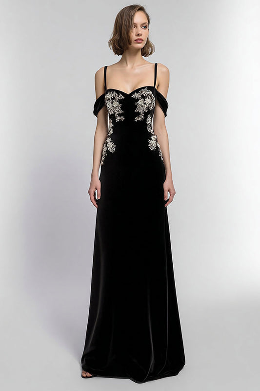 Black Velvet Cold Shoulder A Line Long Holiday Party Dress
