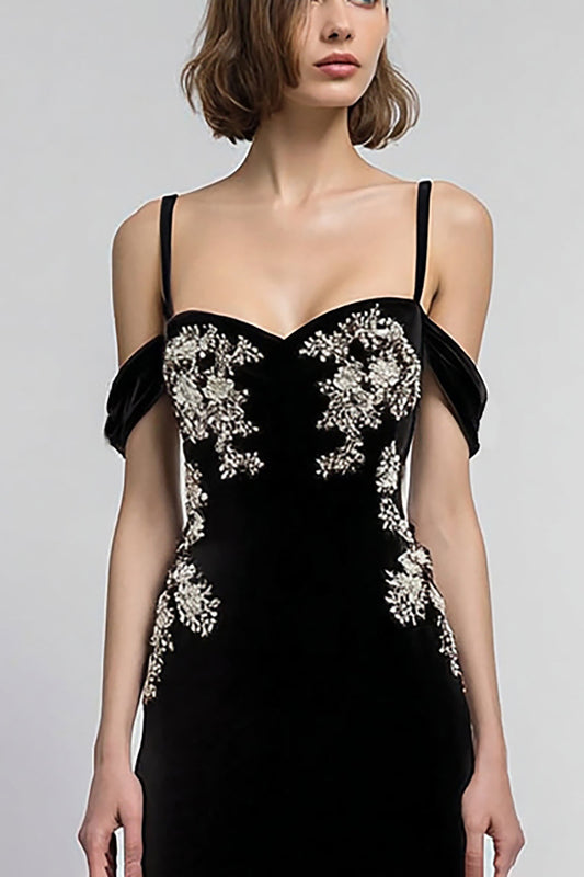 Black Velvet Cold Shoulder A Line Long Holiday Party Dress