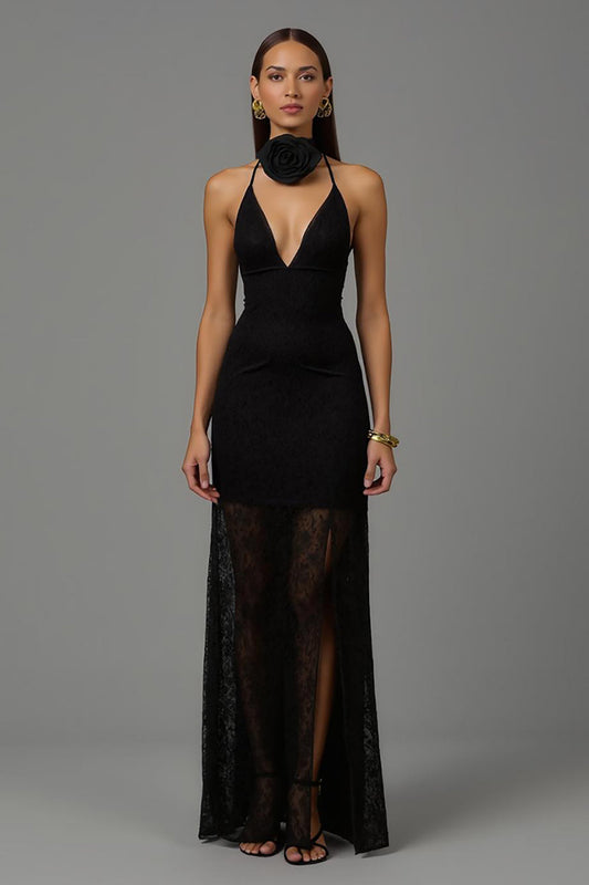 Black 3D Flowers Sheath V Neck Long Formal Dress with Lace